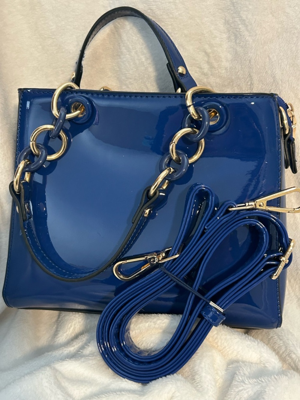 Patent Electric Blue Satchel with Gold Chain Handles